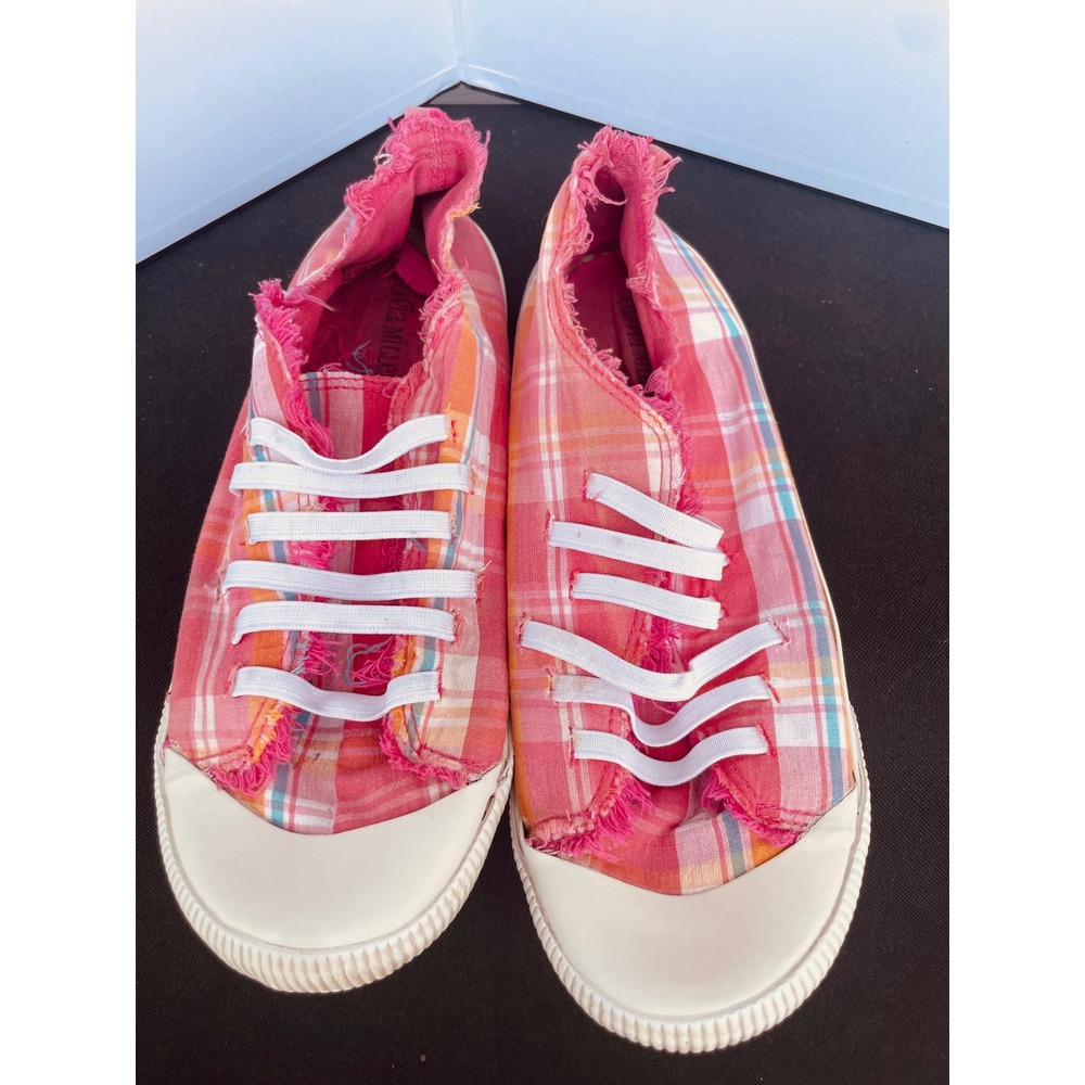 Olivia Miller Pink Plaid Frayed Slip On Canvas Sneakers Womens Size 9 Low Top